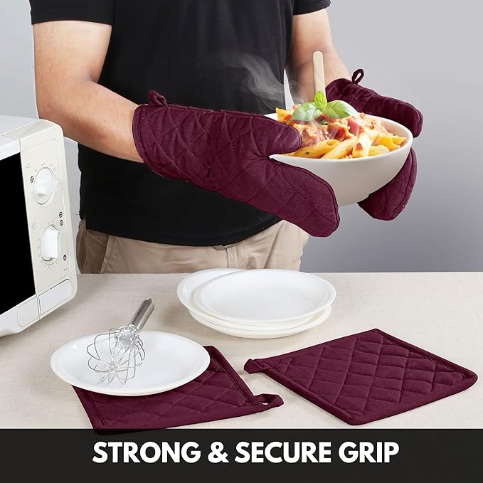 Oven Mitt (7"x13") & Pot Holder (8"x8") 100% Cotton Set of Heat Resistant Oven Gloves & Hot Pads for Gifts, BBQ, Cooking, Baking, Thanksgiving - Burgundy Wine