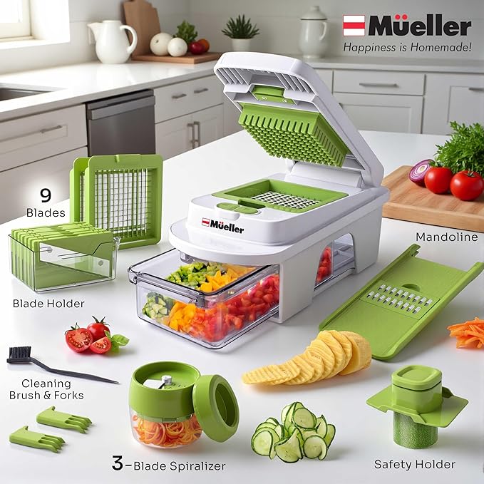 Mueller Pro-Series All-in-One, 12 Blade Mandoline Slicer for Kitchen, Food Chopper, Cucumber Slicer and Spiralizer, Cutter, Dicer, Grater, Gifts for Mom, Kitchen Essentials, White Sand/Green - Image 6