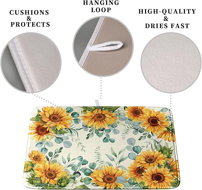 Sunflowers Dish Drying Mat for Kitchen Counter Yellow Flower Green Leaves Dish Draining Mats Spring Summer Floral Dishes Pad Microfiber Absorbent Dish Drainer Rack Mat 16x18 Inch - Image 3
