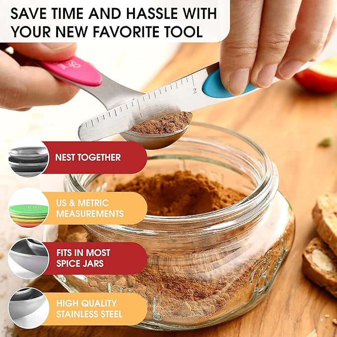 Spring Chef Stainless Steel Magnetic Measuring Spoons Set of 8 with Leveler, Nesting Metal Teaspoon & Tablespoon Measuring Spoons, Kitchen Gadgets for Baking & Cooking, Fits in Most Spice Jars - Neon - Image 5