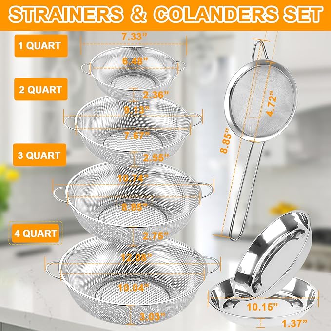 Colander Stainless Steel, 7 Piece Strainers and Colanders Set, Mesh Strainer Net Baskets with Handles, 2 Stainless Steel Plates and Fine Mesh Strainer for Kitchen Food Strain Drain Rinse Cooking - Image 2