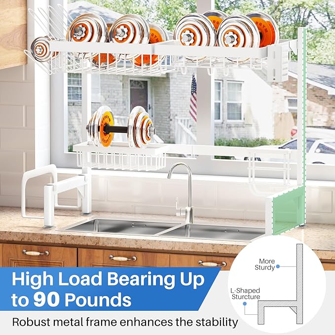 SNTD Over The Sink Dish Drying Rack - Adjustable Dish Rack for Kitchen Counter, Metal (White) - Image 6
