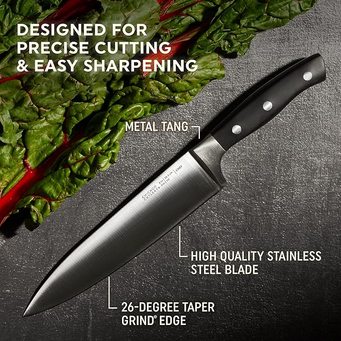 Chicago Cutlery Insignia Triple Rivet Poly (18-PC) Kitchen Knife Block Set With Wooden Block & Built-In Sharpener, Black Ergonomic Handles and Sharp Stainless Steel Professional Chef Knife Set - Image 5