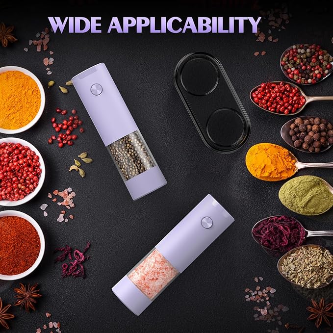 1 Pack Salt and Pepper Grinder- Gifts for Women Automatic Battery Purple Pepper Mill Shakers Kitchen Accessories Cooking for Mom, Adjustable Coarseness Salt Pepper Shakers - Image 5