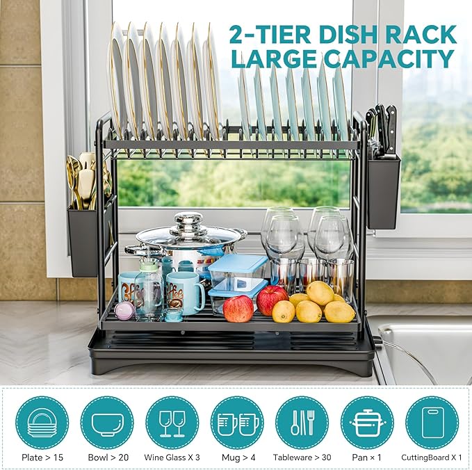 Simple Trending Dish Drying Rack, 2-Tier Dish Rack for Kitchen Counter, Large Dish Drainers Sink Organizers and Storage, Black - Image 3