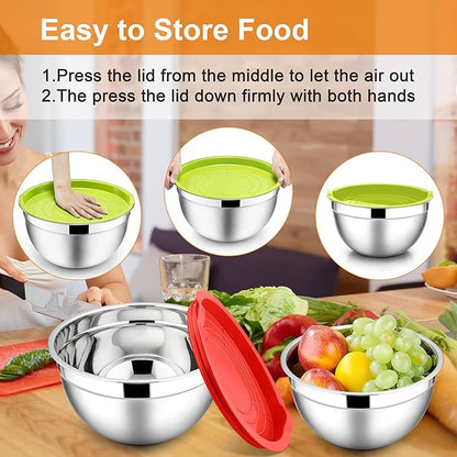 E-far Mixing Bowls with Lids, 6-Piece Stainless Steel Salad Bowls Metal Nesting Bowls for Baking Cooking and Prepping, Airtight Lids & Stackable Design, Size 4.5, 3, 1.5 QT (Colorful) - Image 7
