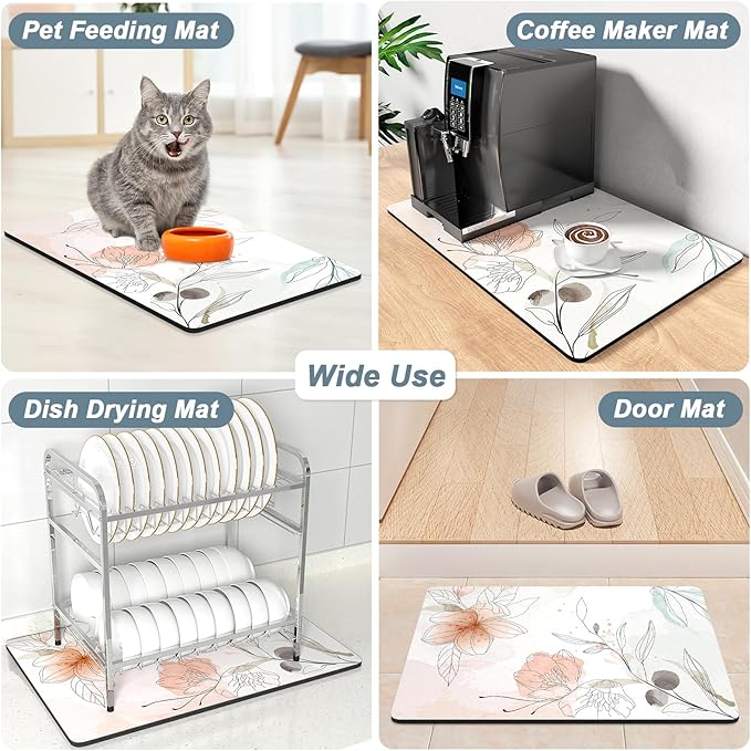 Rnivvi Coffee Mat, 12" x 19" Cute Coffee Bar Mats for Espresso Machine Station Accessories and Organizer, Hide Stain Rubber Backed Absorbent Dish Drying Pad for Kitchen Counter, Watercolor Flowers - Image 7