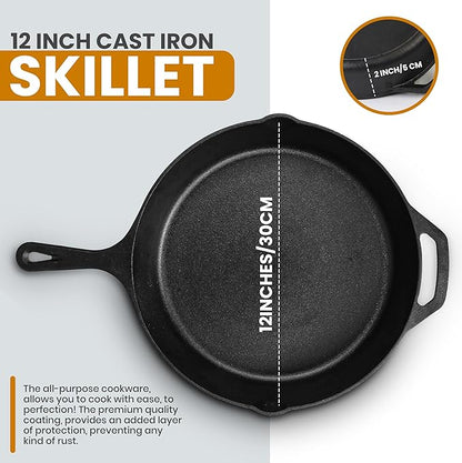 Utopia Kitchen Premium Saute Frying Pan 12 Inch, Cast Iron Chefs Pan, Pre Seasoned Cast iron Skillet With Lid, Safe Grill Cookware for Indoor & Outdoor Use, Black - Image 2