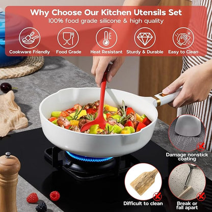 Onader Silicone Cooking Utensils Set, Red Kitchen Utensils 6 Pcs Set, Heat Resistant Kitchen Tool Kit, Nonstick Cookware Friendly & Non Toxic