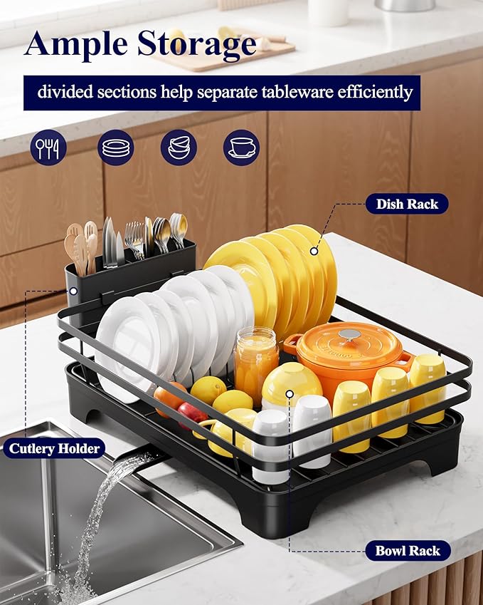 Kitsure Dish Drying Rack - Multi-Functional Dish Rack for Kitchen Counter with Cutlery Holder, Rust-Proof Storage Solution with Rotatable, 15.7" x 12.0" x 5.5", Black - Image 2