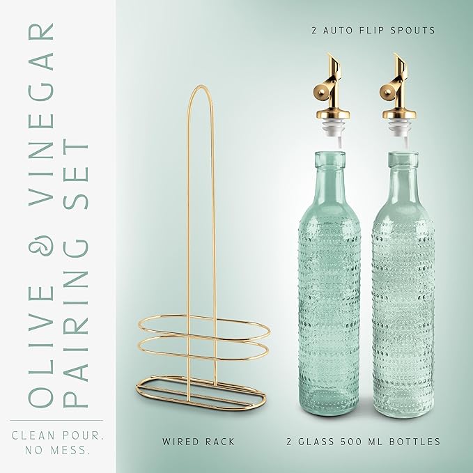 COOK WITH COLOR Glass Olive Oil Bottle Dispenser - 2 Pack- 17oz Oil and Vinegar Cruet - Olive Oil Carafe Decanter for Kitchen, Champagne Bubbles, Green - Image 3