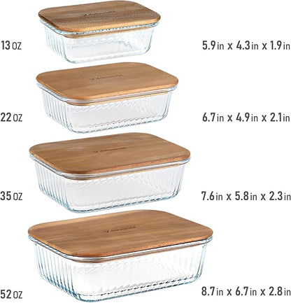 Set of 4 Stackable Space-Saving Nesting Glass Bowls with Airtight Acacia Lids for Lunch, Meal & Food Prep - Microwave & Oven-ready BPA Free Durable Heat Resistant Inert Borosilicate Glass - Image 2