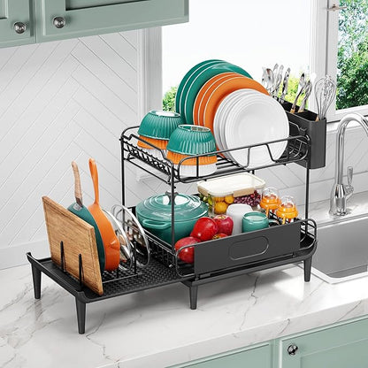 Urackify Dish Drying Rack for Kitchen Counter, Expandable 2 Tier Dish Rack, Large Capacity Dish Drainer with Drainboard Multifunctional Dish Strainer with Removable Cutlery Holder Black - Image 8