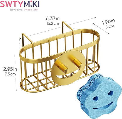 SWTYMIKI Sponge Holder for Kitchen Sink - Movable Sink Caddy with Smiley Face Sponge Holder, Rustproof Hanging Sponge Organizer in Double Bowl Sinks Depth>3.15in, Middle Divider<1.5in, Gold