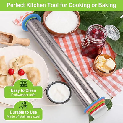 Rolling Pin with Thickness Rings and Silicone Baking Mat, Adjustable Stainless Steel Rolling Pins for Pasta or Sugar Decorating Cookies, Bread Making Tools Fondant Roller for Dough, Dumpling, Ravioli - Image 5