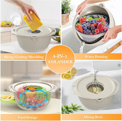 4-1 Colander with Bowl Set, Food Strainers and Colanders, Fruit Washing Bowl with Strainer, Rotatable Colander for Kitchen, Aesthetic Kitchen Gadget, Christmas & New Year Gifts - Beige - Image 6