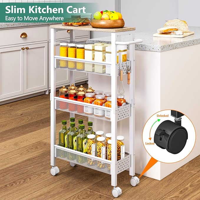 Vivihomety Utility Slim Storage Cart, 4 Tier Small Rolling Kitchen Laundry Room Cart with Wood Top, Metal Bathroom Storage Cabinet Mobile Shelf Unit Organizer Trolley with Handle for Narrow Space - Image 2