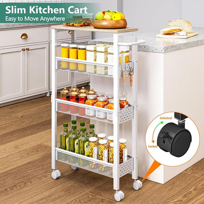 Vivihomety Utility Slim Storage Cart, 4 Tier Small Rolling Kitchen Laundry Room Cart with Wood Top, Metal Bathroom Storage Cabinet Mobile Shelf Unit Organizer Trolley with Handle for Narrow Space - Image 2