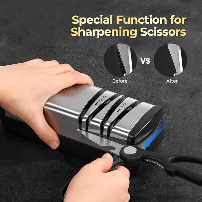 Narcissus Knife Sharpener, Diamond Abrasives Electric Knife Sharpener for Stainless Steel and Ceramic Knives, with Scissors Sharpener & Metal Dust Collection Box, Quick Sharpening & Polishing, Silver - Image 6