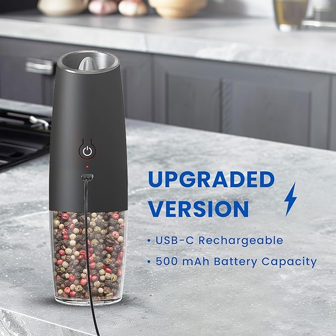 UNNEES Rechargeable Electric Salt and Pepper Grinder set of 2, gravity electric salt and pepper grinder set, Adjustable Roughness, LED Light, 2 Pack, (Black&White) - Image 2