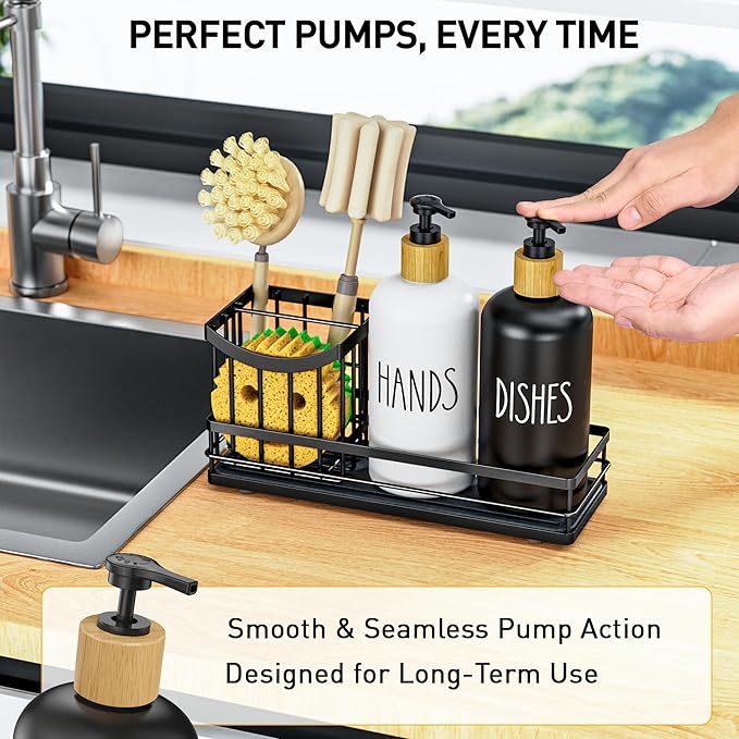 Moforoco Kitchen Dish Soap Dispenser Set, 16OZ Glass Bottle, Hand and Dish Soap Dispenser Set, Instant Dry Tray, Brush Holder with Smiley Face Sponge Holder (Universal Black Tray+Black&White Bottle) - Image 5