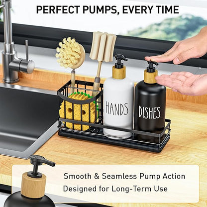 Moforoco Kitchen Dish Soap Dispenser Set, 16OZ Glass Bottle, Hand and Dish Soap Dispenser Set, Instant Dry Tray, Brush Holder with Smiley Face Sponge Holder (Universal Black Tray+Black&White Bottle) - Image 5
