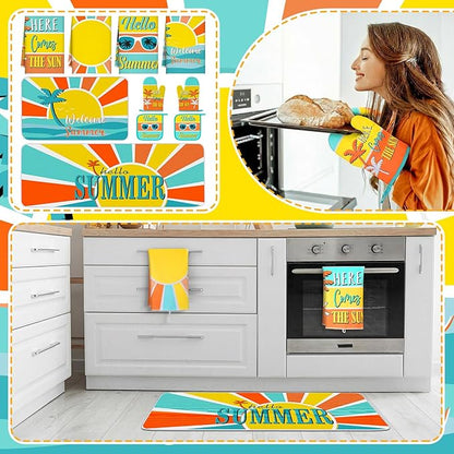 Fourluoo 10 Pcs Hello Summer Kitchen Decor and Accessories Sunshine Beach Oven Mitts and Pot Holders Set Sunglass Dish Towels Boho Kitchen Decor Palm Gloves for Baking Cooking Grilling BBQ Women Gift