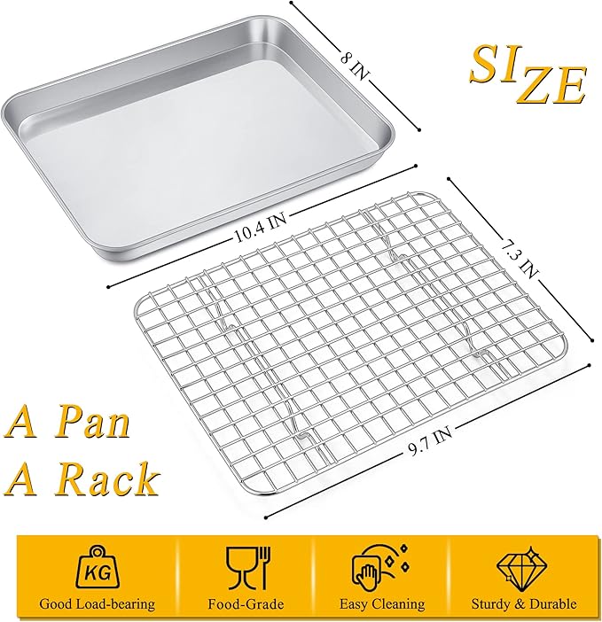 P&P CHEF 10.4 Inch Toaster Oven Pan with Rack Set, Stainless Steel Baking Pan Tray and Grid Cooling Rack for Cooking/Roasting, Dishwasher Safe & Easy to Clean, Non-toxic & Sturdy, (2Pcs)