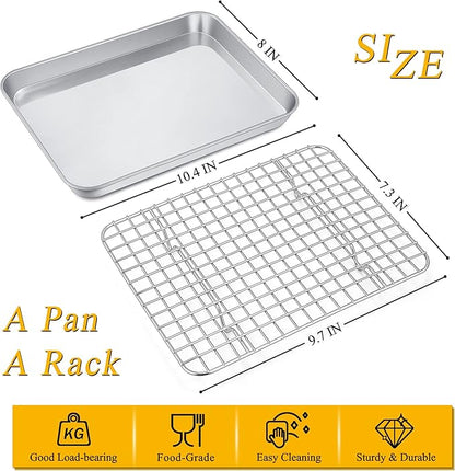 P&P CHEF 10.4 Inch Toaster Oven Pan with Rack Set, Stainless Steel Baking Pan Tray and Grid Cooling Rack for Cooking/Roasting, Dishwasher Safe & Easy to Clean, Non-toxic & Sturdy, (2Pcs)