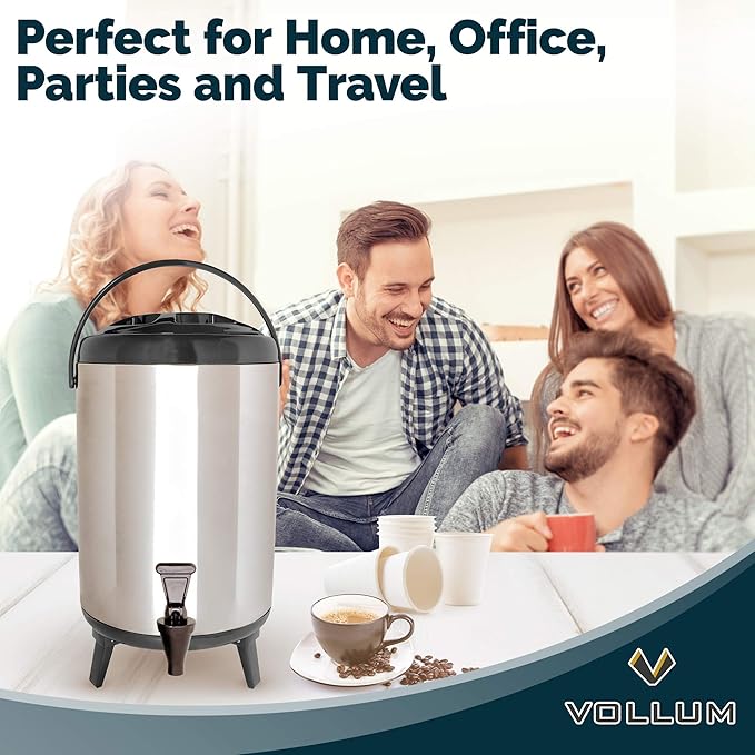 Vollum Stainless Steel Insulated Beverage Dispenser – Insulated Thermal Hot and Cold Coffee Carafe – 8 Liter Drink Dispenser with Spigot for Hot Water, Tea & Coffee, Cold Milk, Juice & More BLACK