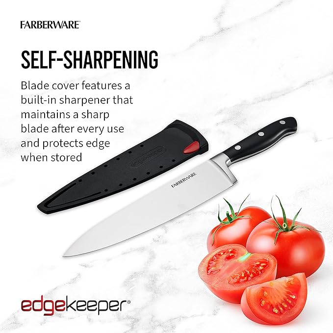 Farberware Edgekeeper 8-Inch Forged Triple Riveted Chef Knife with Self-Sharpening Blade Cover, High Carbon-Stainless Steel Kitchen Knife with Ergonomic Handle, Razor-Sharp Knife, Black - Image 3