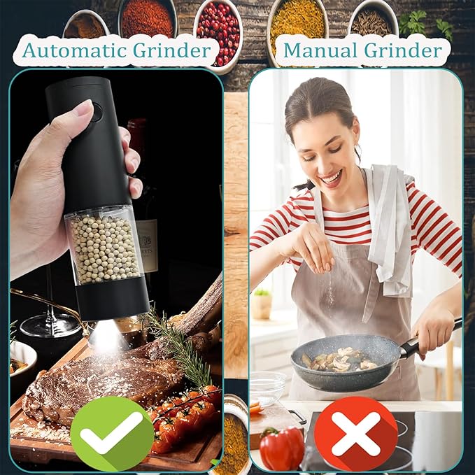 Electric Salt and Pepper Grinder, Automatic Battery Pepper Mill Shakers, Adjustable Coarseness, One-Button Control, Easy Filling Larger Capacity with Led Light for Home Kitchen Appliances, Black