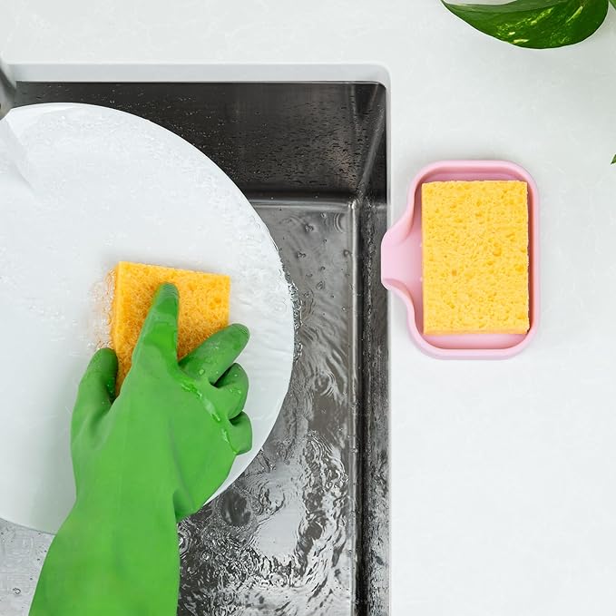 Zulay Kitchen Small Silicone Sponge Holder (4.9x3.3”) – Space-Saving Sink Organizer Tray for Sponge, Soap, Brush & More – Compact Non-Slip Dish for Kitchen & Bathroom (Pink) - Image 3