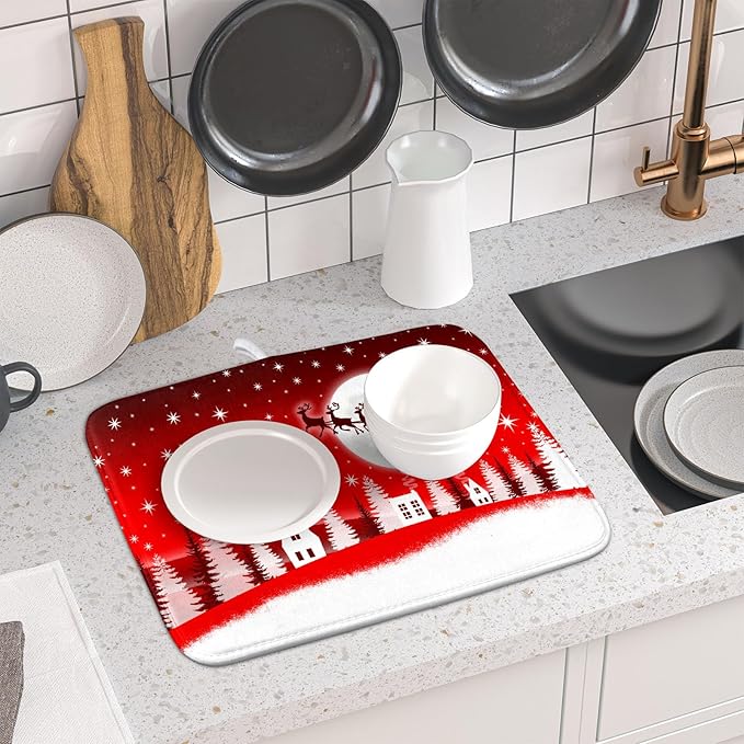 Christmas Reindeer Moon Star Red Dish Drying Mat for Kitchen Counter,White Xmas Tree Castle Drying Mat 16 x 18 Inch with Absorbent Reversible Microfiber Dish Drying Pad for Coffee Bar - Image 6