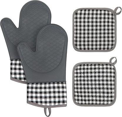 Tifanso Plaid Oven Mitts and Pot Holders 4-Piece Set, Oven Mitts Gloves Heat Resistant with Non-Slip Silicone Surface for Cooking Baking Grilling, Cotton Pot Holders Pads for Kitchen Cooking (Grey) by tifanso