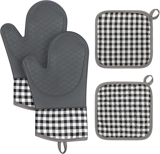 Tifanso Plaid Oven Mitts and Pot Holders 4-Piece Set, Oven Mitts Gloves Heat Resistant with Non-Slip Silicone Surface for Cooking Baking Grilling, Cotton Pot Holders Pads for Kitchen Cooking (Grey) by tifanso
