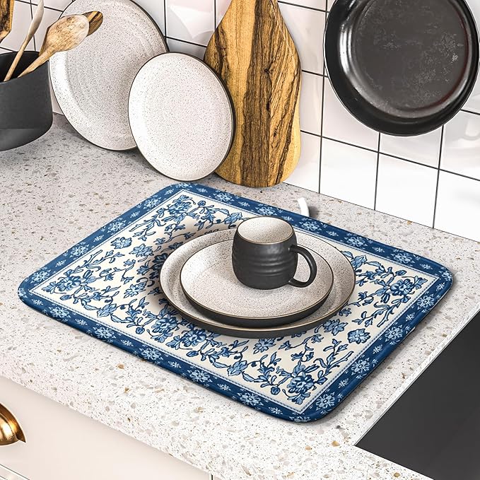 Blue Floral Dish Drying Mat for Kitchen Counter 16x18 Chinoiserie Flower Print Vintage Absorbent Reversible Microfiber Drying Mats Kitchen Countertop Protector Dishes Drainer Rack Pad - Image 5