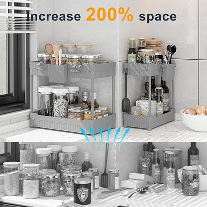 Sevenblue 2 Pack Under Sink Organizer, Under Bathroom Cabinet Organizer with Hooks Hanging Cup, Multi-Purpose Storage Shelf for Kitchen Bathroom (Gray, 14.8 Inch) - Image 3