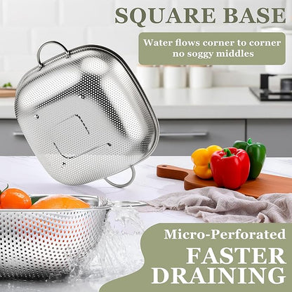 E-far 6QT Stainless Steel Colander with Handle - Square Metal Kitchen Strainer for Pasta & Vegetable Draining, Micro-Perforated & Elevated Feet, Dishwasher Safe - Image 3