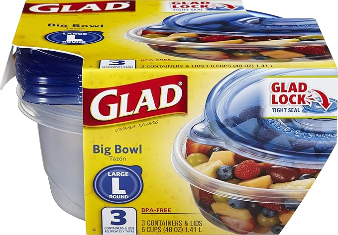 Glad GladWare Big Bowl Food Storage Containers with Lids, Large Round No BPA Plastic Containers for Soups, Salads, and Meal Prep, Lock Tight Seal, Microwave Dishwasher Safe, 48 Oz, 3 Count - 6 Pack - Image 2