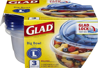 Glad GladWare Big Bowl Food Storage Containers with Lids, Large Round No BPA Plastic Containers for Soups, Salads, and Meal Prep, Lock Tight Seal, Microwave Dishwasher Safe, 48 Oz, 3 Count - 6 Pack - Image 2