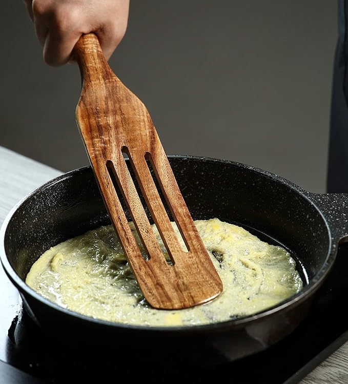 Wooden Spurtles Set with Holder, Natural Teak Kitchen Utensil Set of 6, Heat Resistant Non Stick Wood Cookware with Hanging Hole, Wood Spurtles Spatula Sets for Stirring, Mixing, Serving