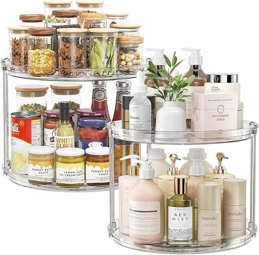 LAMU 2Pack 2 Tier Lazy Susan Organizer 12 inch Large Lazy Susan Turntable Rotating Spice Rack Organization for Cabinet, Kitchen, Pantry, Countertop, Bathroom, Vanity, Medicine Cabinet Organizer, Clear by YourHome-OrganizationHelper