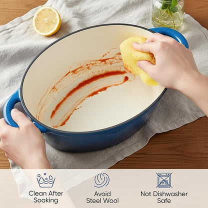 Oval Dutch Oven for Bread Baking, 4.5 Quart Non Stick Enameled Cast Iron Dutch Oven Pot with Lid, Oven Safe Oval Casserole with Lid up to 500°F for Baking, Braising, Stews, Roasting (Blue)