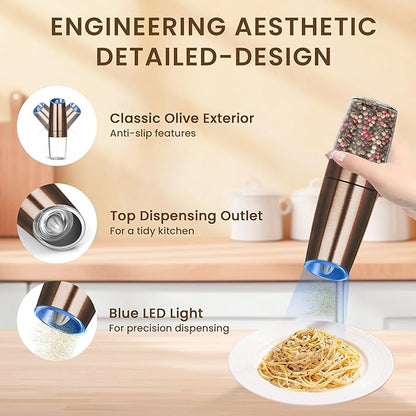 Gravity Electric Salt And Pepper Grinder Set, Automatic Salt And Pepper Grinder Set, Battery Powered (6 AAA Batteries Each), Adjustable Roughness, LED Light, 2 Pack, (Copper) - Image 4