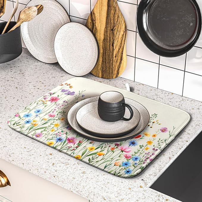 Giwawa Spring Floral Dish Drying Mat 16"x18" Watercolor Summer Wildflower Dish Drainer Mats Herb Flower Reversible Absorbent Dish Drying Pad Decor for Kitchen Countertop Dining Room