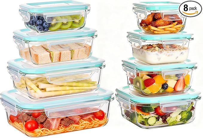 Liuruiyu 8 Pack Glass Food Storage Containers with Lids, Meal Prep Containers, Airtight Bento Boxes with Leak Proof Locking for Microwave, Oven, Freezer and Dishwasher, BPA Free（5oz to 36oz） by Liuruiyu