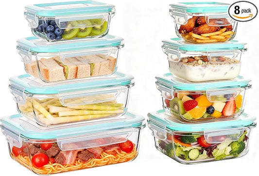 Liuruiyu 8 Pack Glass Food Storage Containers with Lids, Meal Prep Containers, Airtight Bento Boxes with Leak Proof Locking for Microwave, Oven, Freezer and Dishwasher, BPA Free（5oz to 36oz） by Liuruiyu