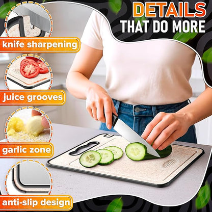 Double Sided Metal Cutting Board Titanium 14.3"x9.8" - GR1 Titanium Cutting Board with Sharpener for Knife for Meat & Wheat Straw + PP for Fruits - Non-slip, Built-in Garlic Grater & Juice Grooves