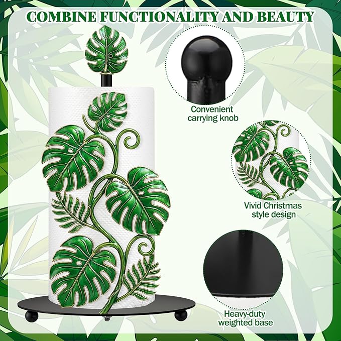 Thyle Tropical Monstera Paper Towel Holder with Round Base Boho Bathroom Decor Green Leaf Dispenser Kitchen Paper Holder Stand for Countertop Toilet Home Accessories